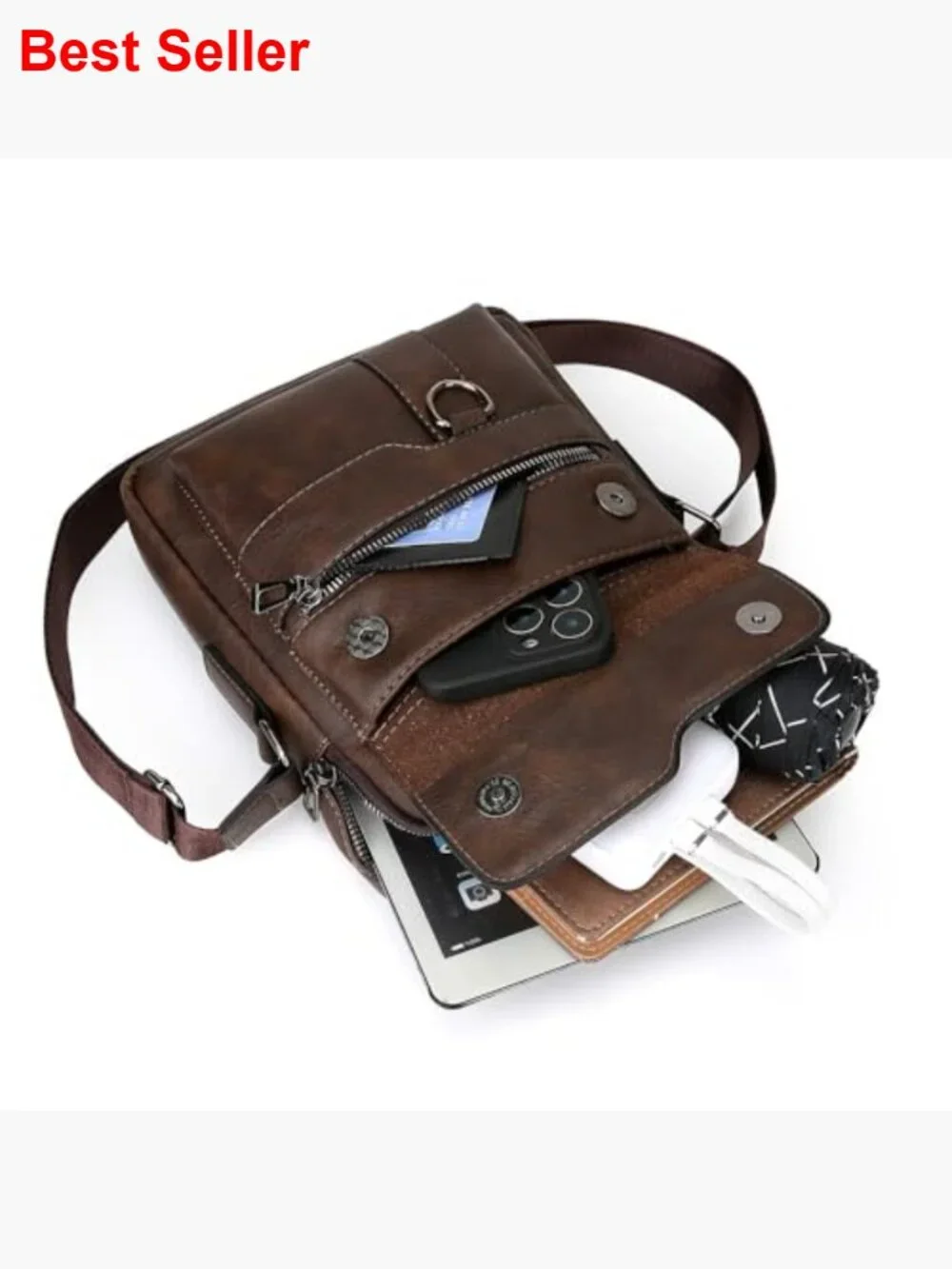 Leather Sling Bag Messenger Bag Crossbody with Multiple Pockets Business Outdoor